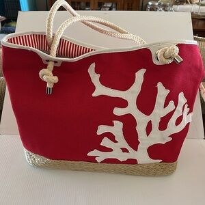 Talbots Red Canvas White Coral Appliqué Nautical Rope Handles Silver Tipped Tote